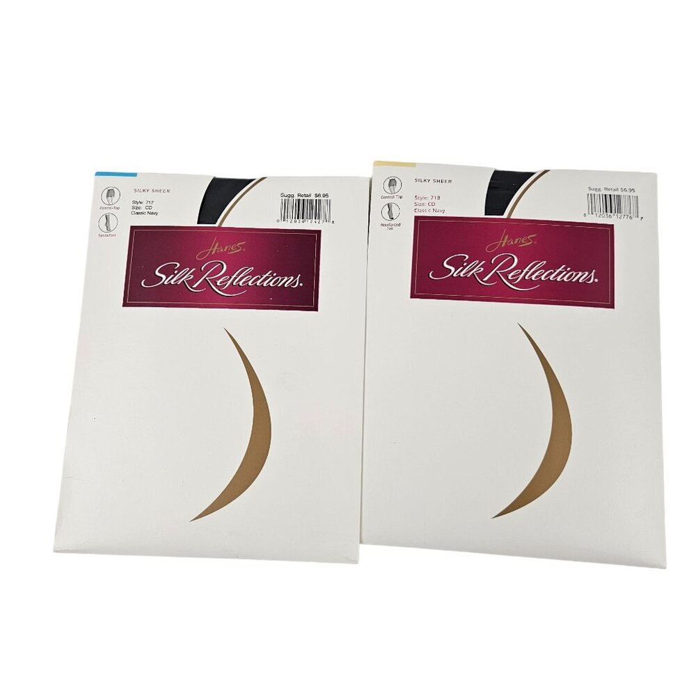 Hanes Silk Reflections Silky Sheer Pantyhose 717 718 Navy Size CD Vintage